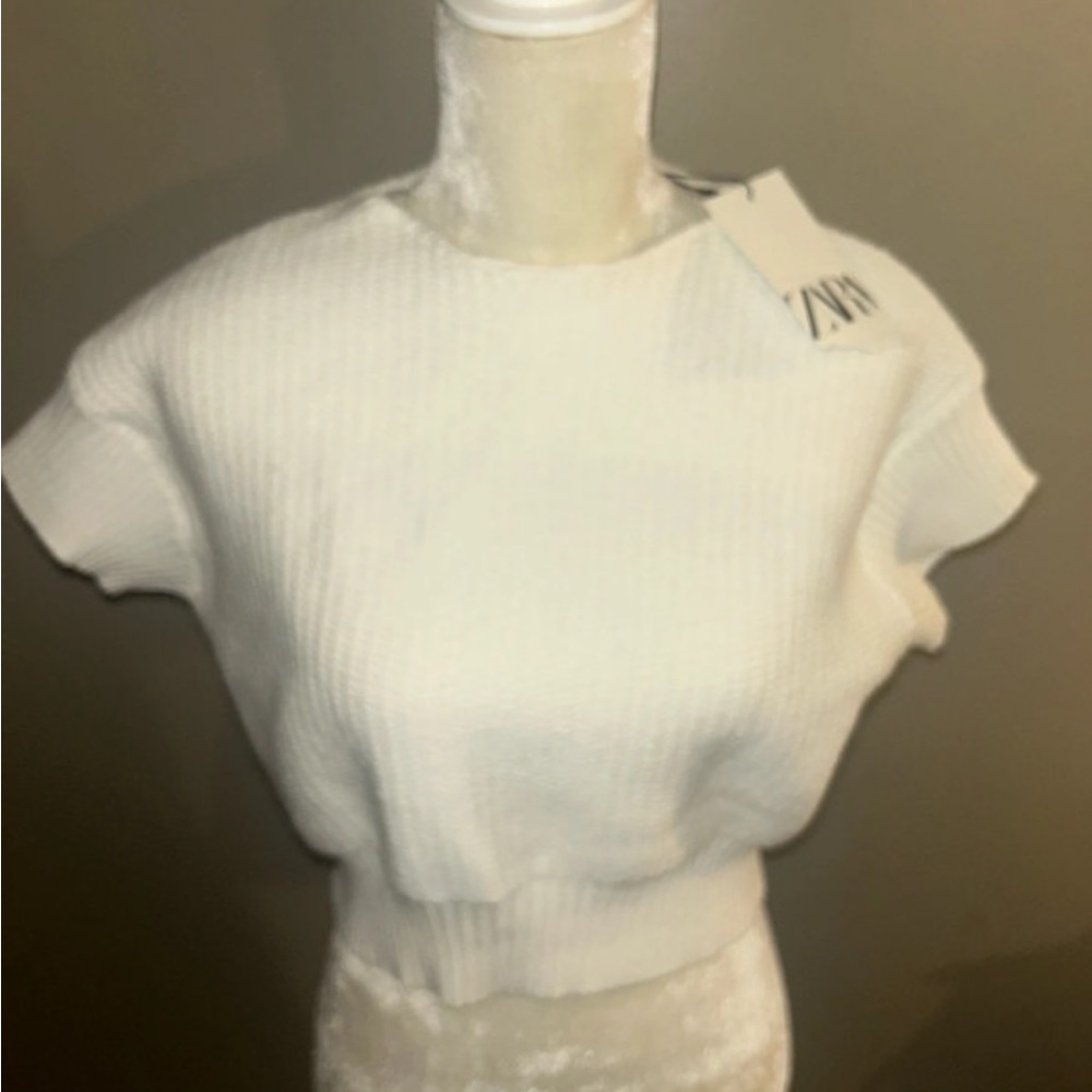 Zara White Textured Short Sleeve Knit Top - Crewneck